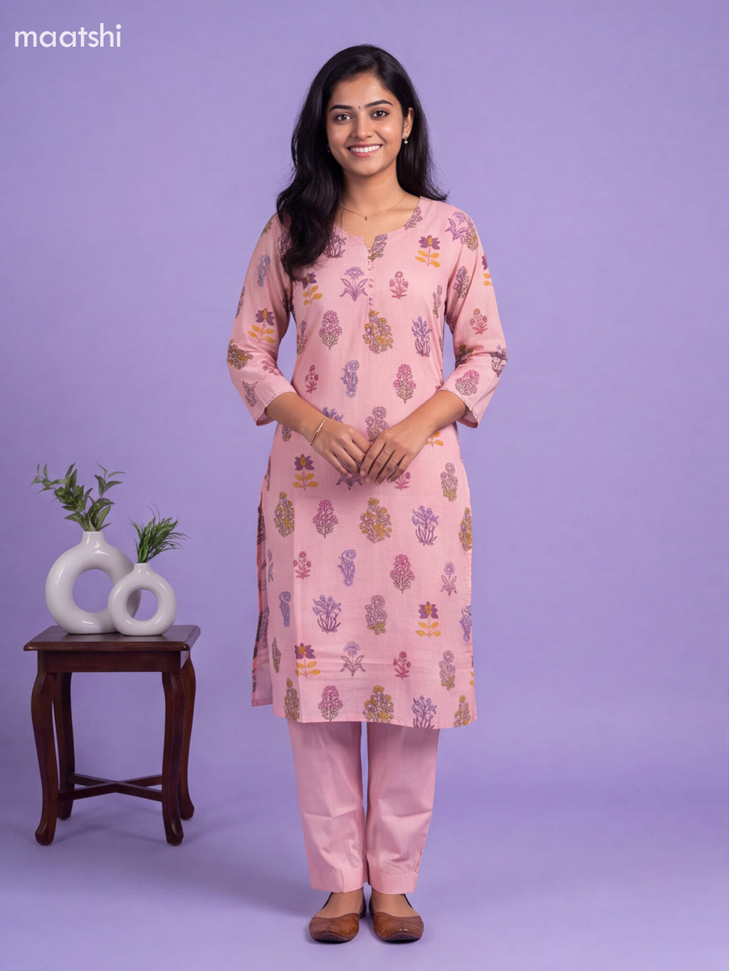 Pink Cotton Floral Printed Straight Suit