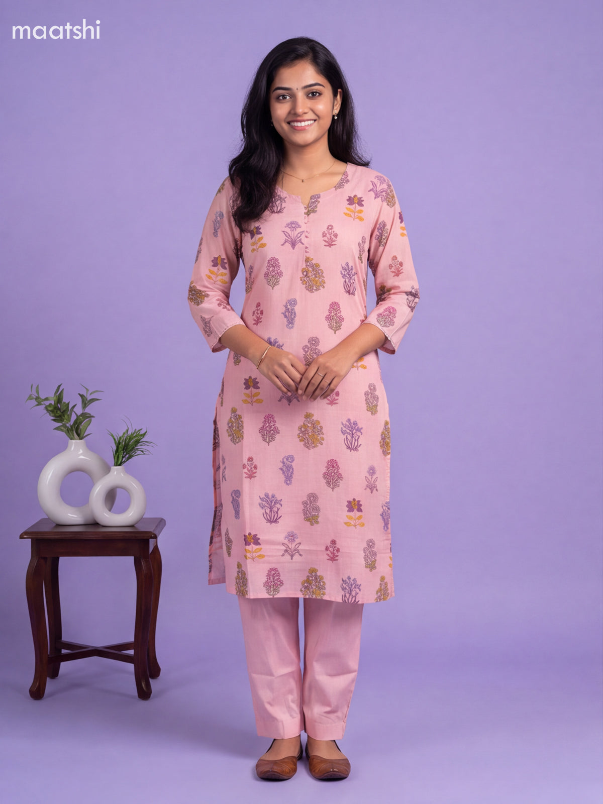Pink Cotton Floral Printed Straight Suit