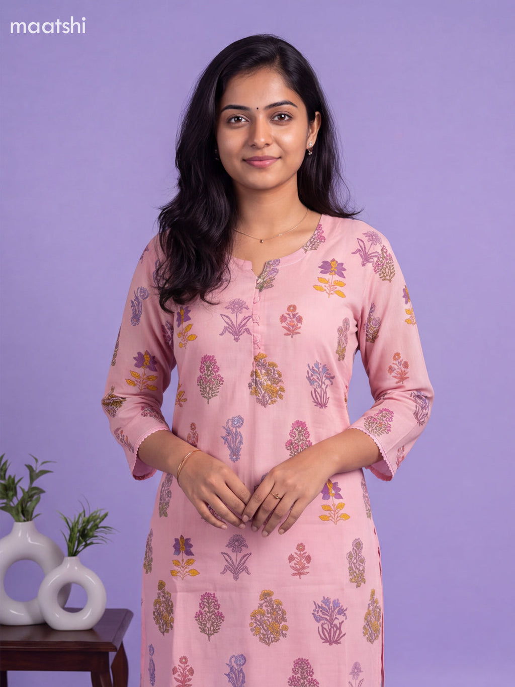 Pink Cotton Floral Printed Straight Suit