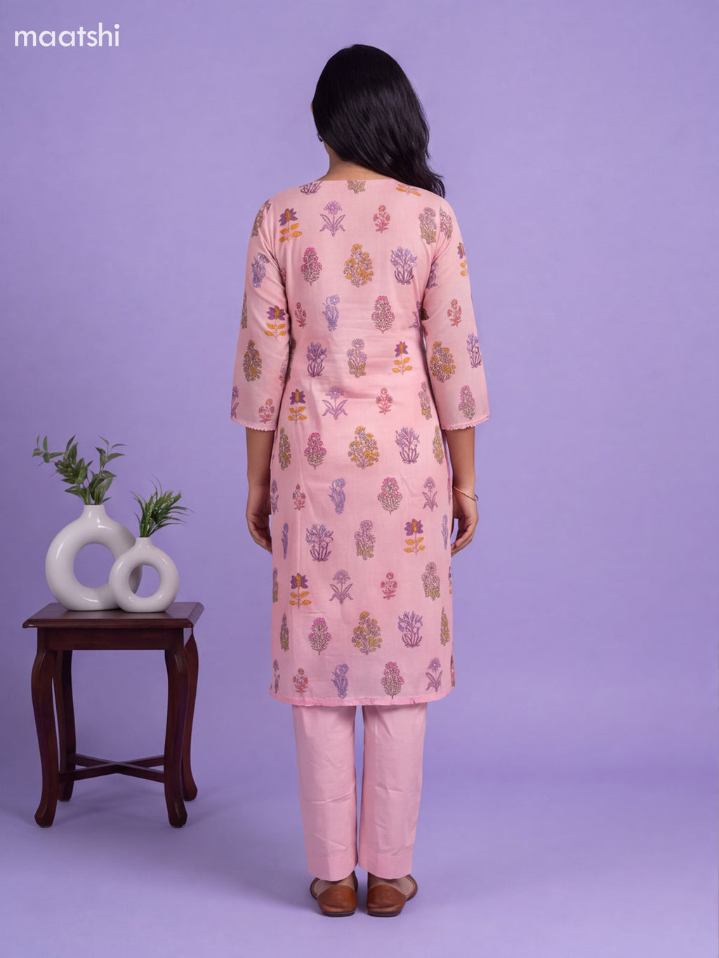 Pink Cotton Floral Printed Straight Suit