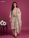 Beige Cotton Floral Printed Straight Suit