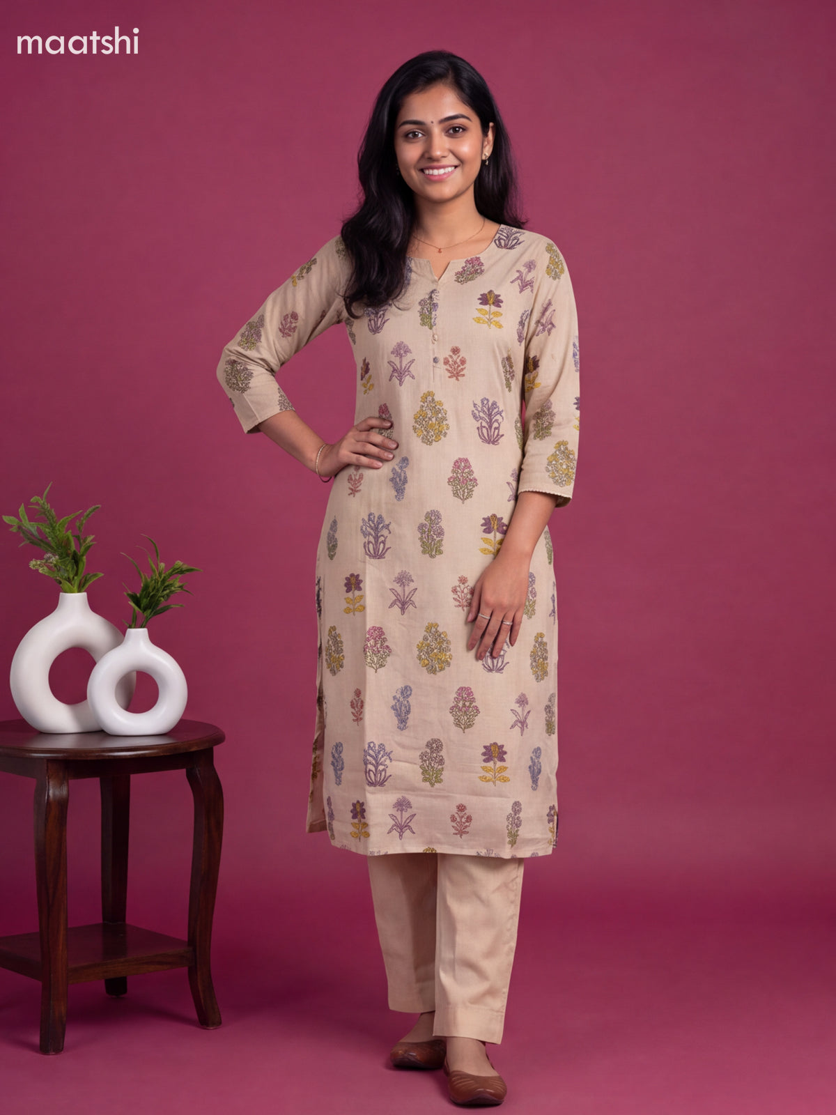 Beige Cotton Floral Printed Straight Suit