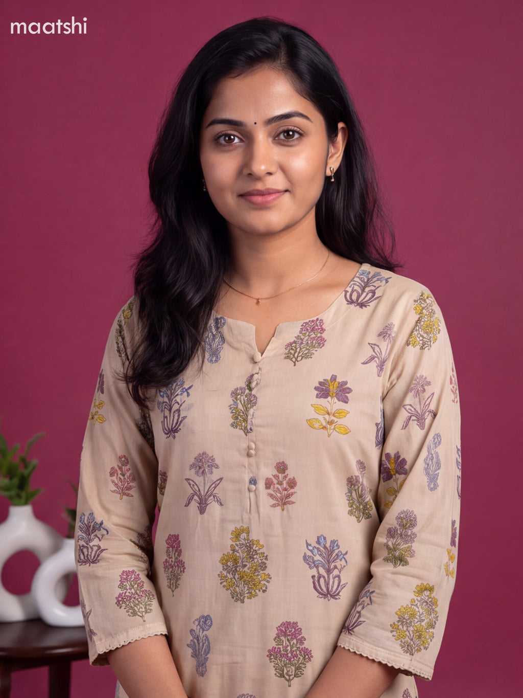 Beige Cotton Floral Printed Straight Suit
