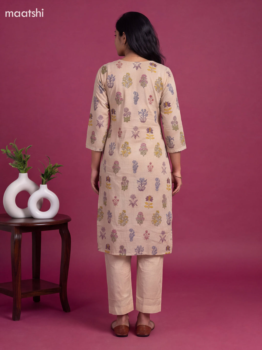 Beige Cotton Floral Printed Straight Suit