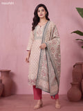Biege and Maroon Chanderi Floral Printed & Embroidery Work Straight Suit