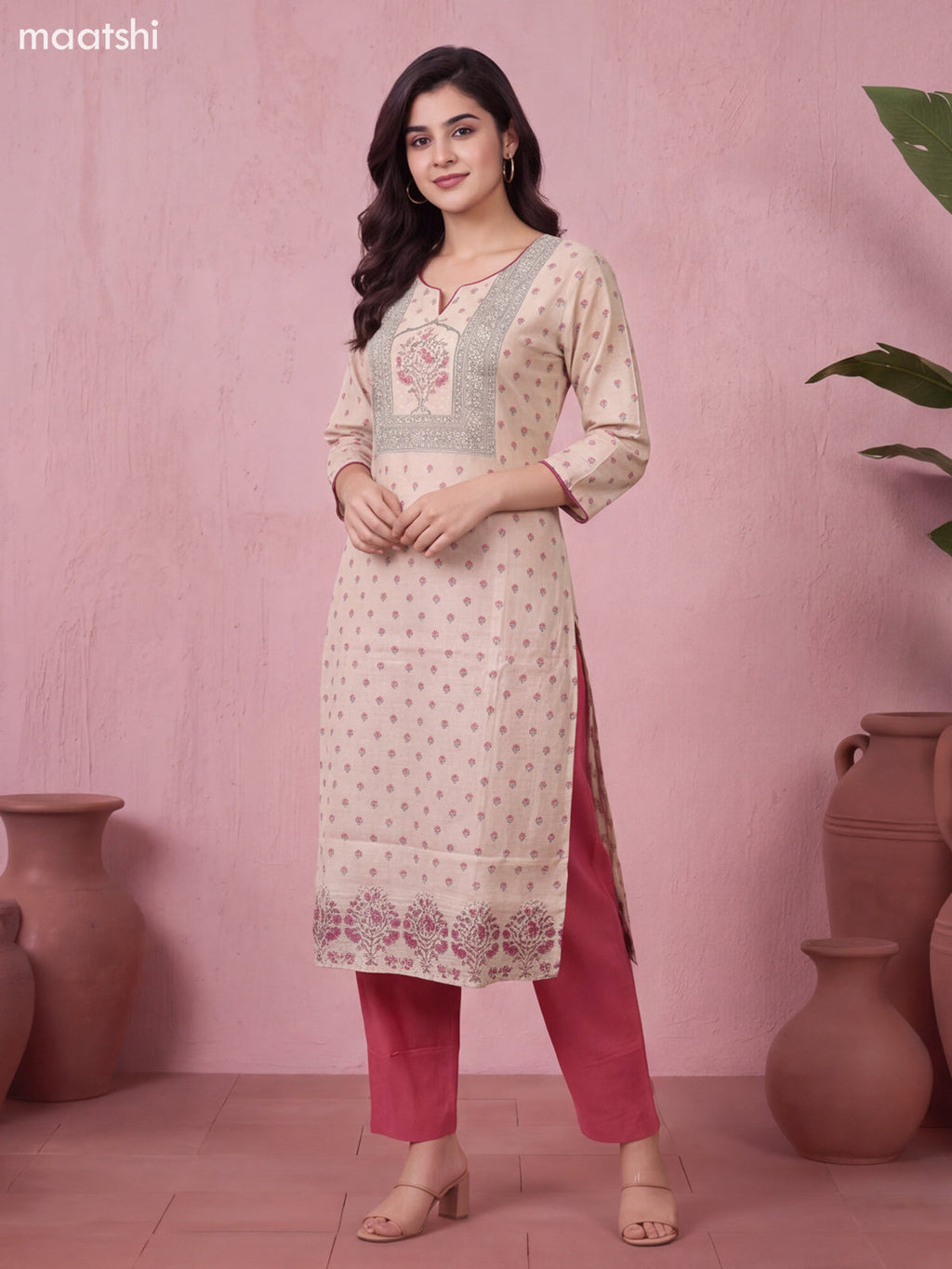 Biege and Maroon Chanderi Floral Printed & Embroidery Work Straight Suit