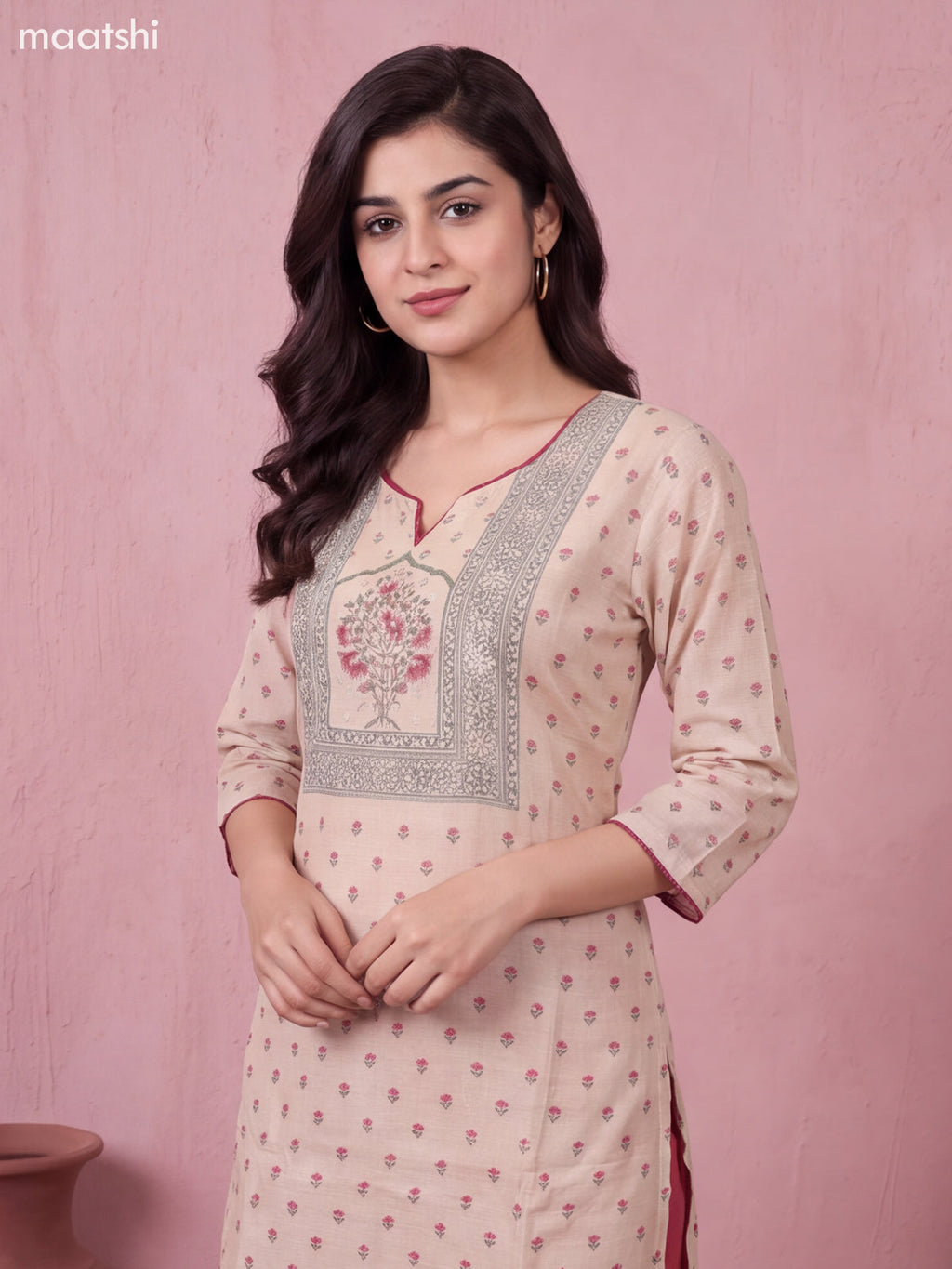 Biege and Maroon Chanderi Floral Printed & Embroidery Work Straight Suit