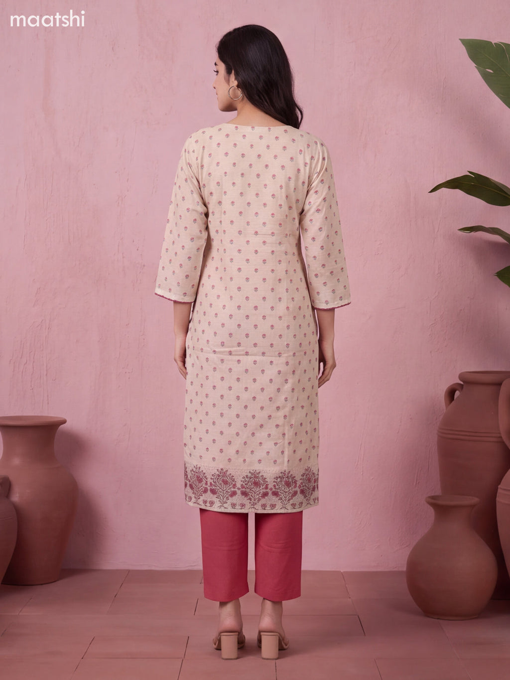 Biege and Maroon Chanderi Floral Printed & Embroidery Work Straight Suit