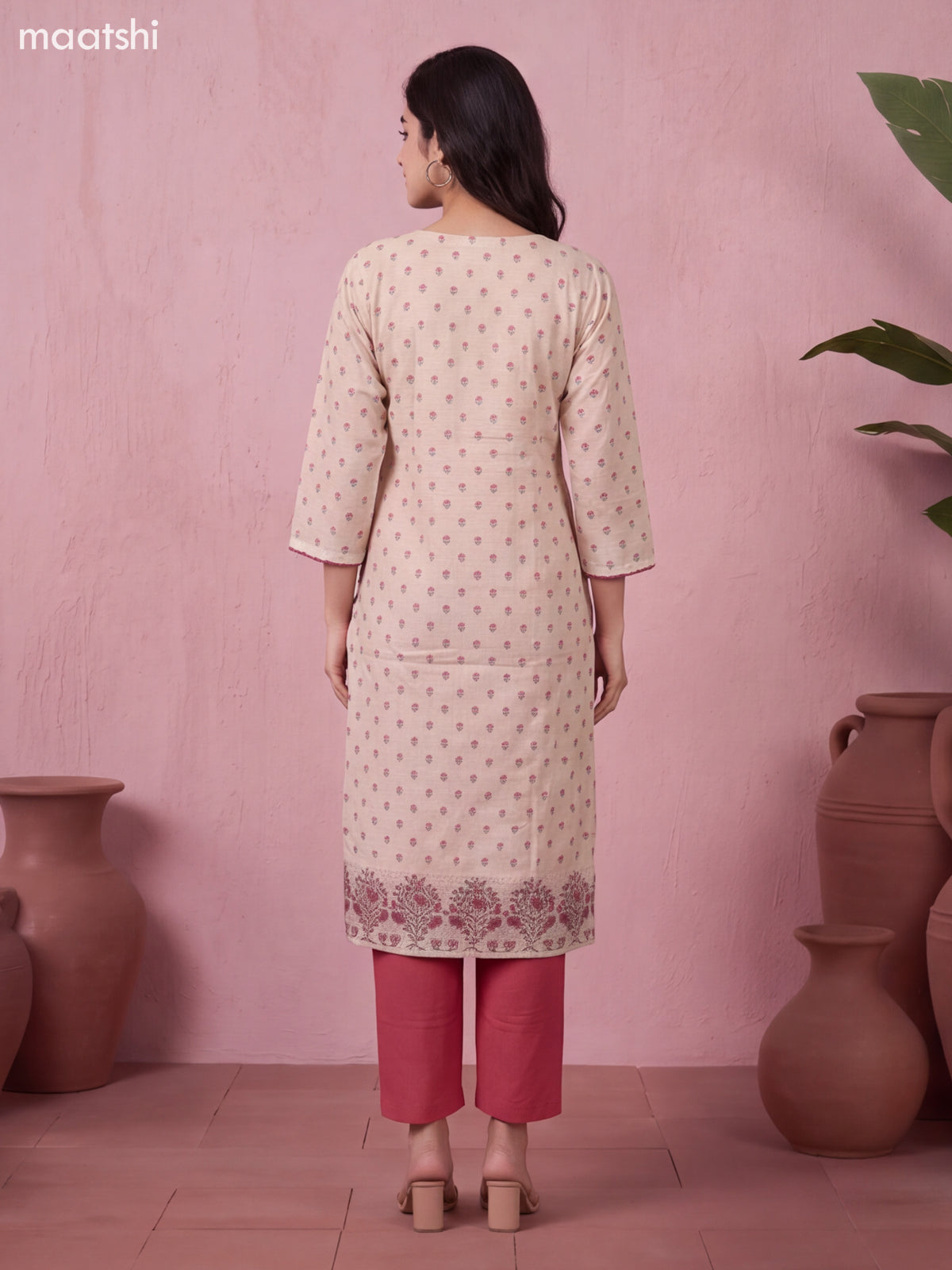 Biege and Maroon Chanderi Floral Printed & Embroidery Work Straight Suit