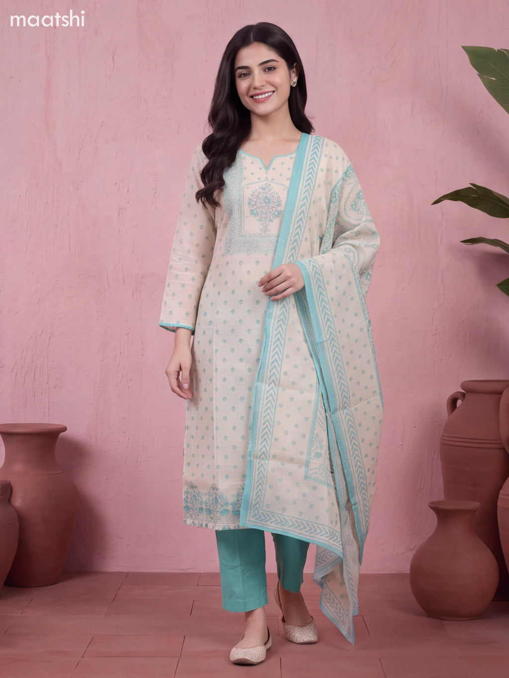 Biege and Light Blue Chanderi Floral Printed & Embroidery Work Straight Suit