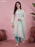 Biege and Light Blue Chanderi Floral Printed & Embroidery Work Straight Suit