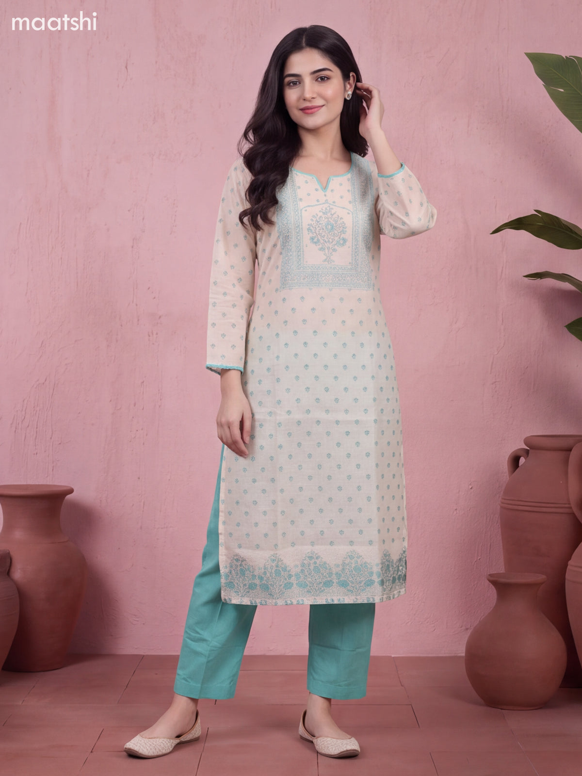 Biege and Light Blue Chanderi Floral Printed & Embroidery Work Straight Suit