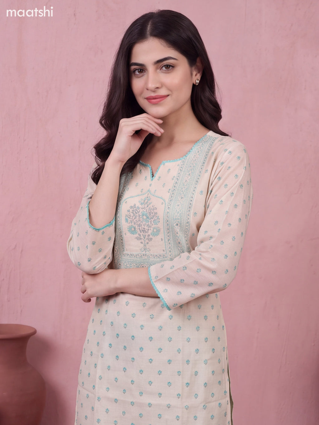Biege and Light Blue Chanderi Floral Printed & Embroidery Work Straight Suit