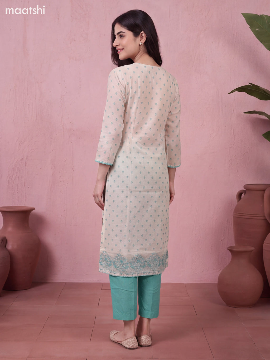 Biege and Light Blue Chanderi Floral Printed & Embroidery Work Straight Suit