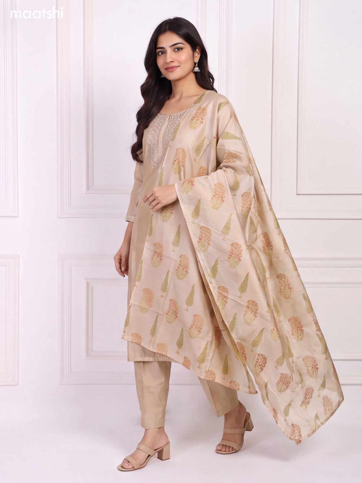 Beige Chanderi Mirror & Sequin Embroidery Work Straight Suit
