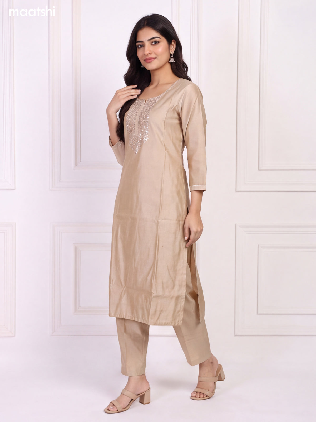 Beige Chanderi Mirror & Sequin Embroidery Work Straight Suit