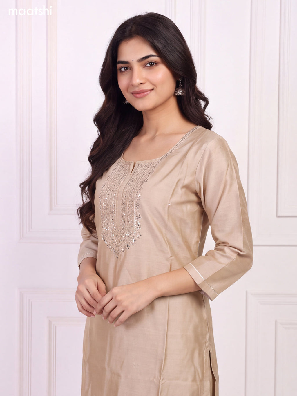 Beige Chanderi Mirror & Sequin Embroidery Work Straight Suit