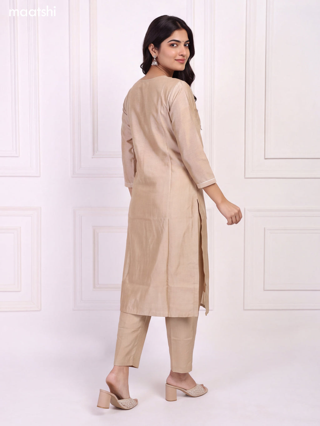 Beige Chanderi Mirror & Sequin Embroidery Work Straight Suit