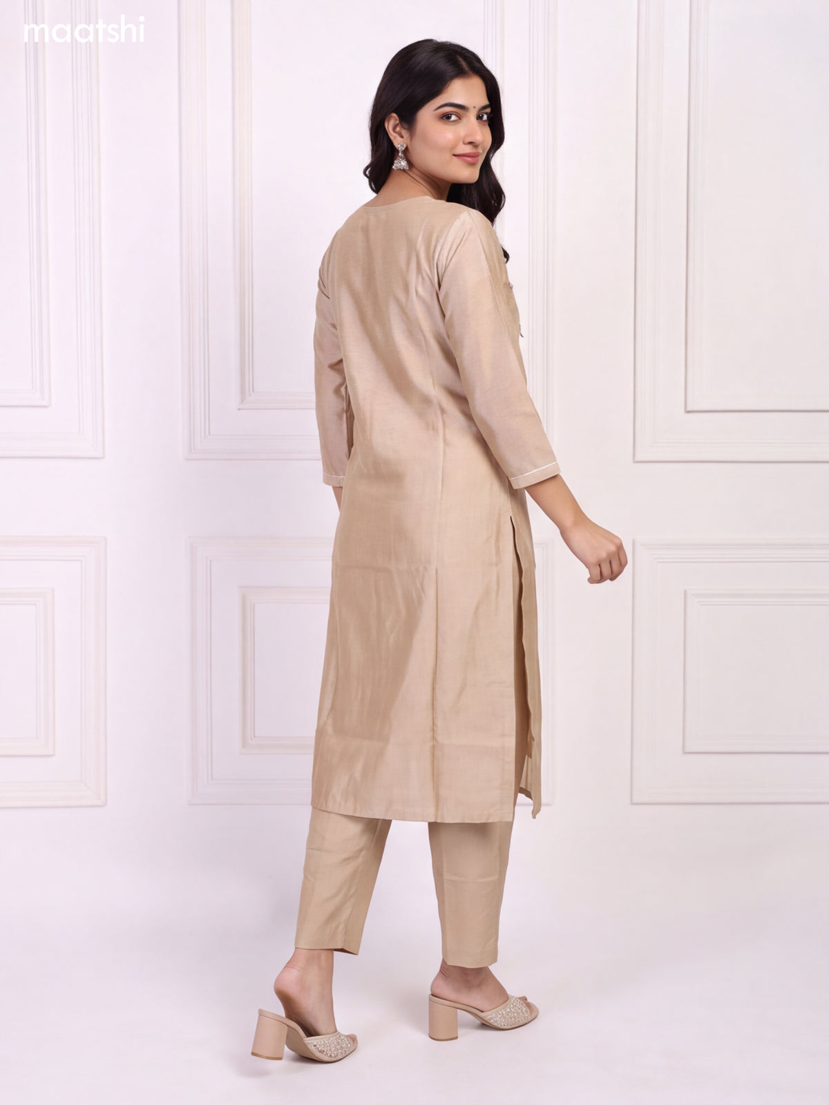 Beige Chanderi Mirror & Sequin Embroidery Work Straight Suit