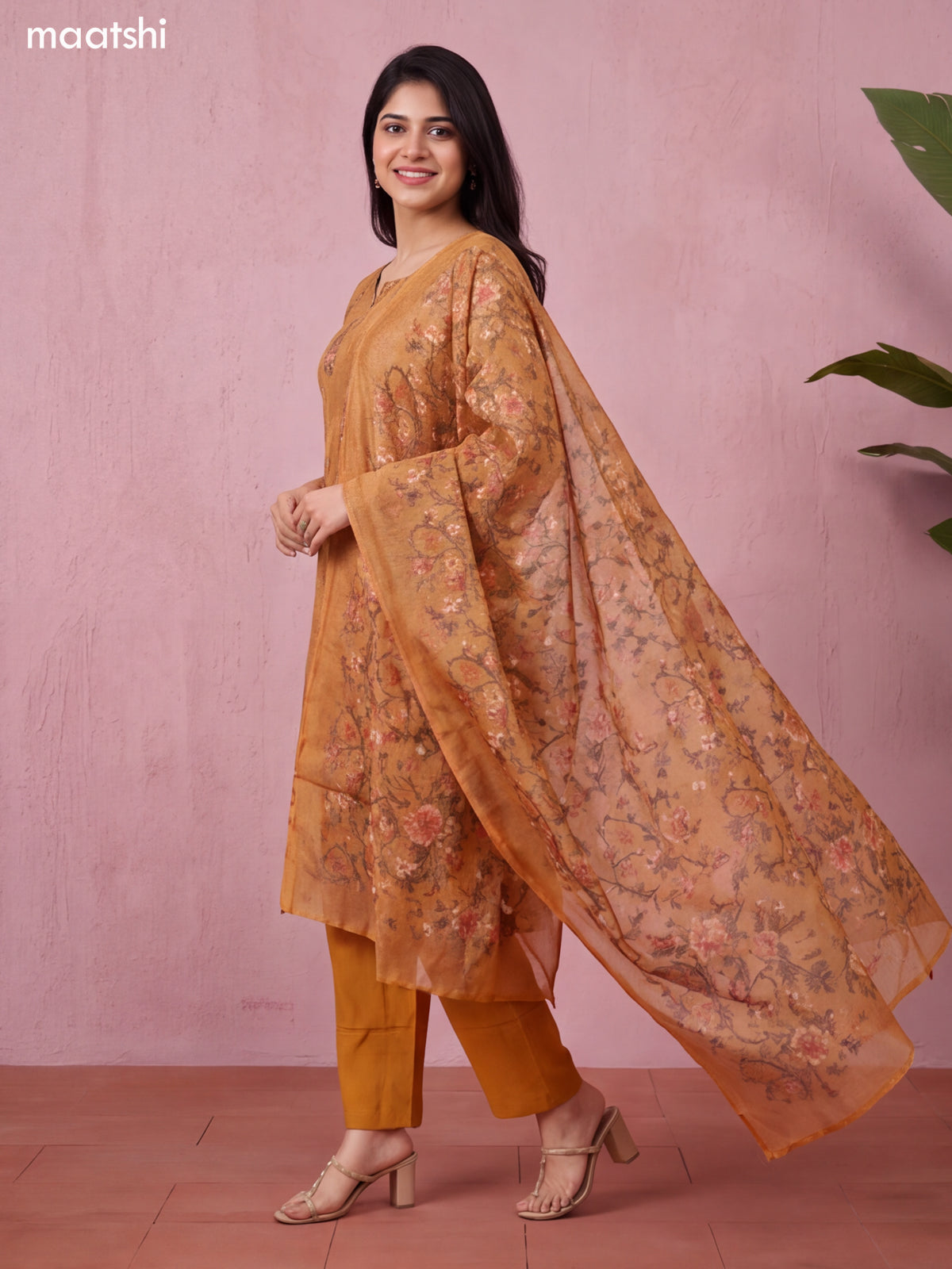 Mustard Chanderi Floral Printed & Embroidery Work Straight Suit