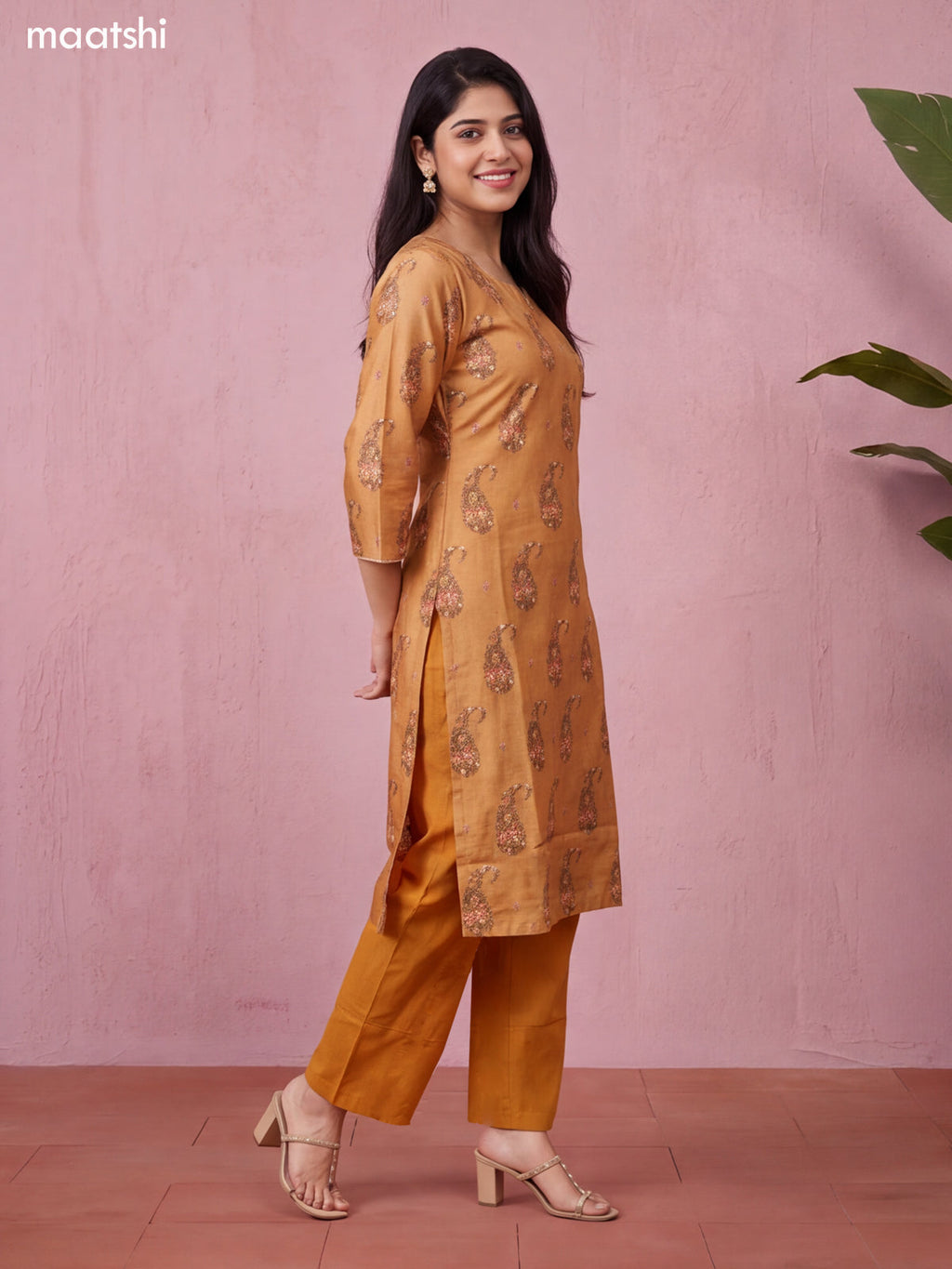Mustard Chanderi Floral Printed & Embroidery Work Straight Suit