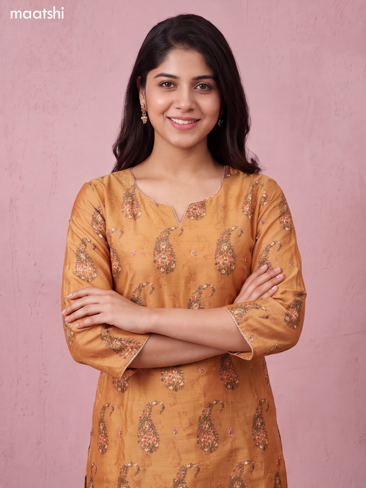 Mustard Chanderi Floral Printed & Embroidery Work Straight Suit