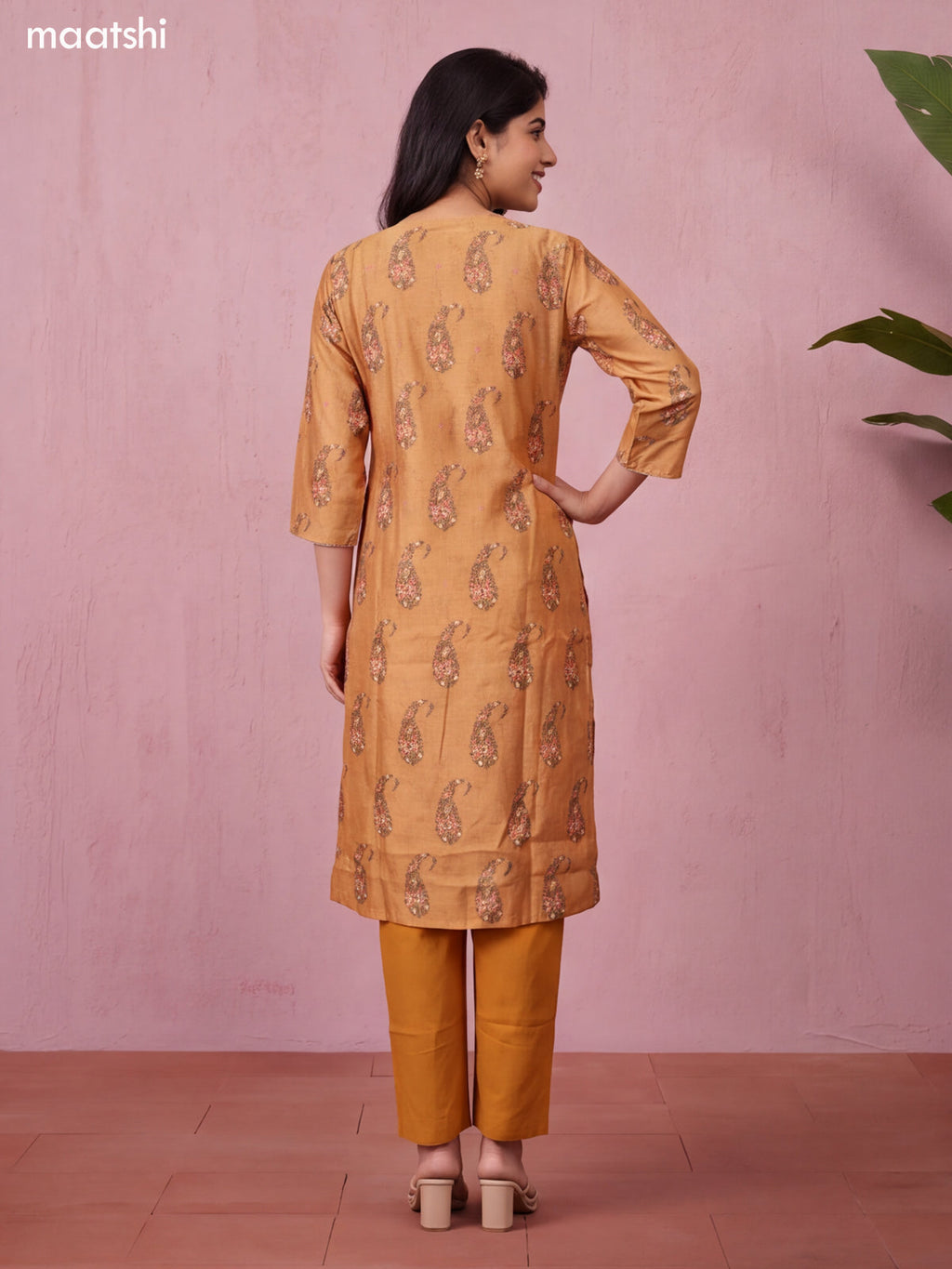 Mustard Chanderi Floral Printed & Embroidery Work Straight Suit