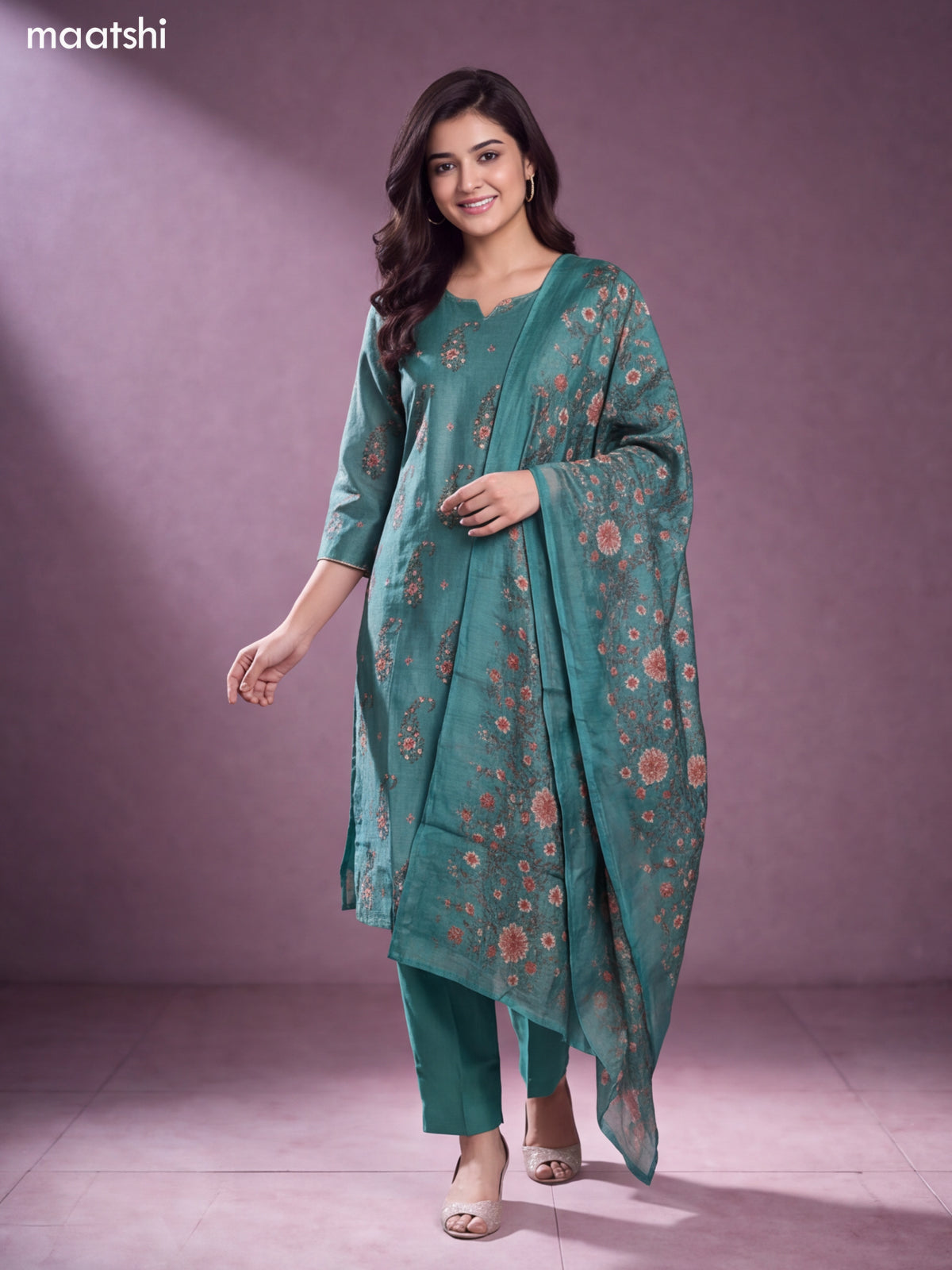 Teal Green Chanderi Floral Printed & Embroidery Work Straight Suit