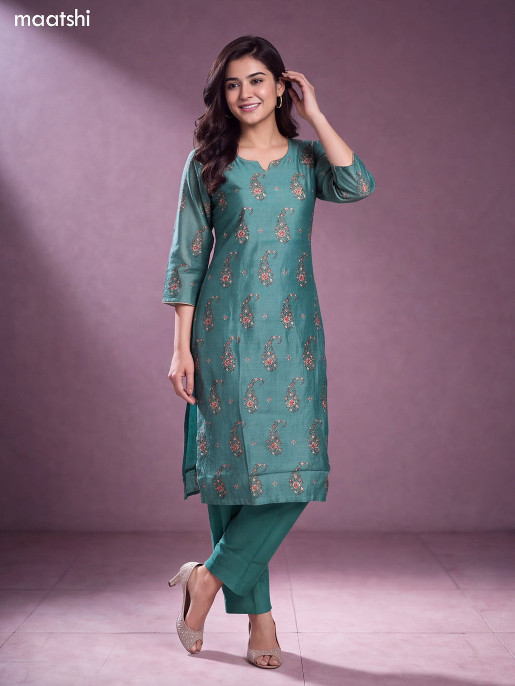 Teal Green Chanderi Floral Printed & Embroidery Work Straight Suit
