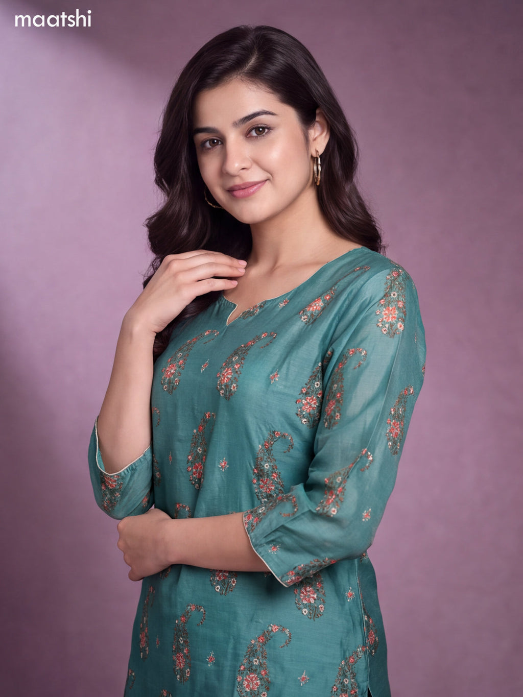 Teal Green Chanderi Floral Printed & Embroidery Work Straight Suit
