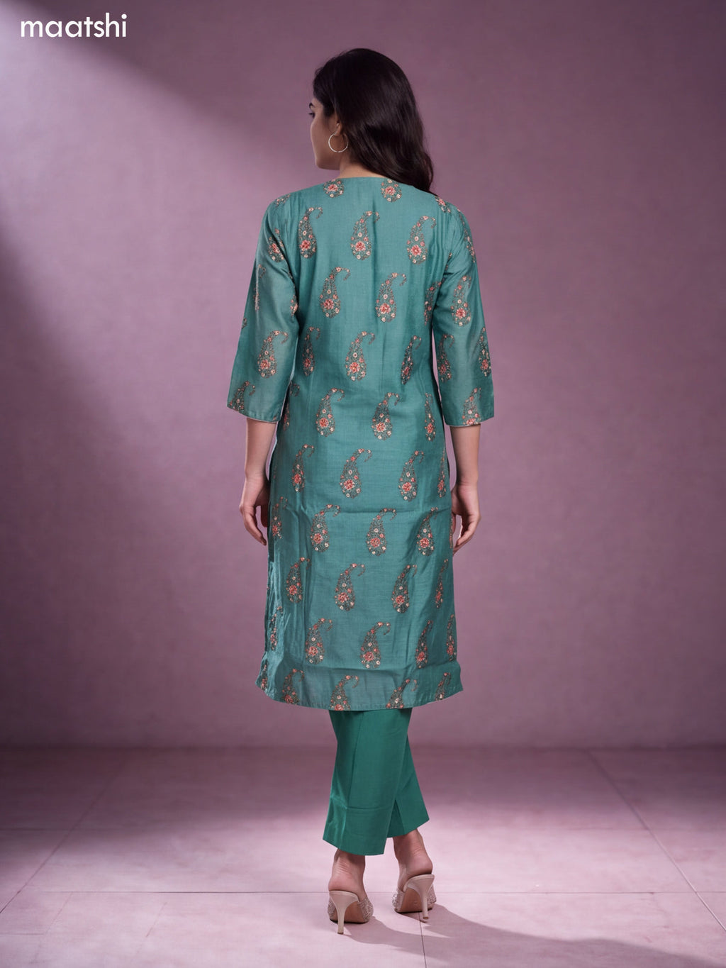Teal Green Chanderi Floral Printed & Embroidery Work Straight Suit