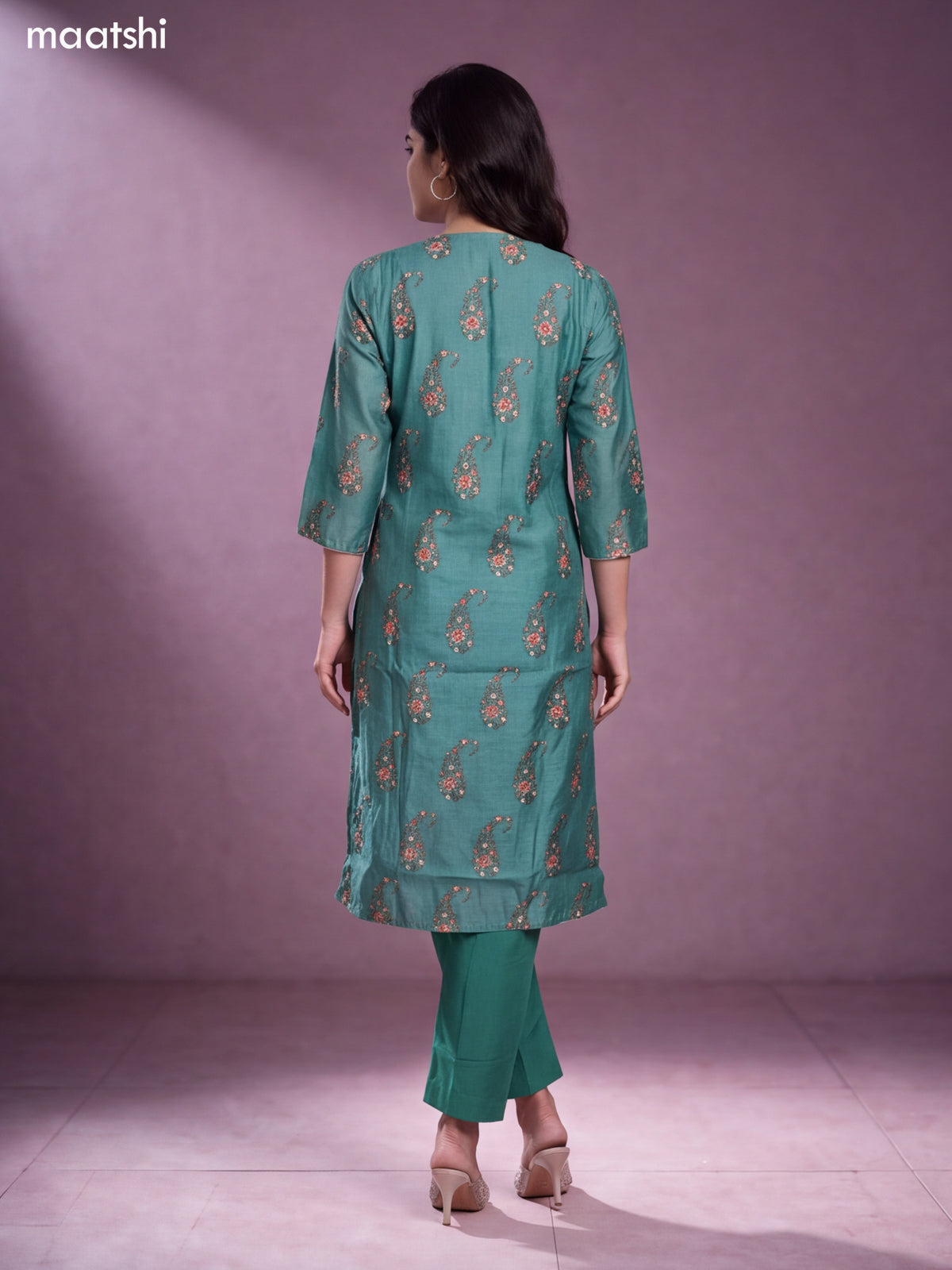 Teal Green Chanderi Floral Printed & Embroidery Work Straight Suit