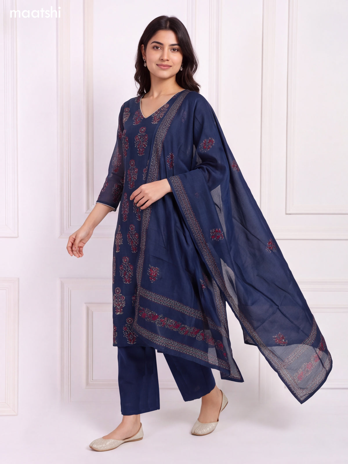 Navy Blue Chanderi Floral Printed & Embroidery Work Straight Suit