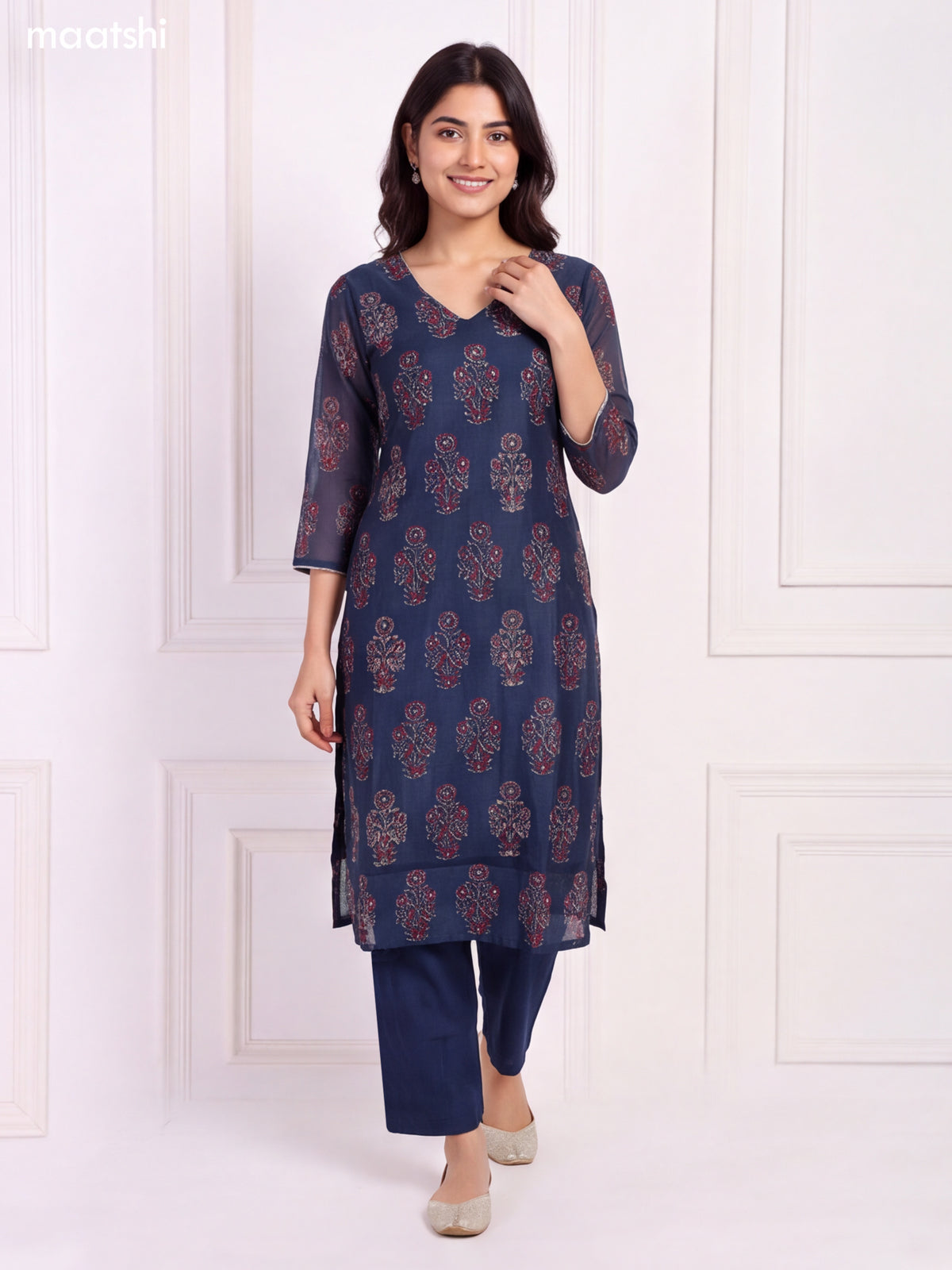 Navy Blue Chanderi Floral Printed & Embroidery Work Straight Suit