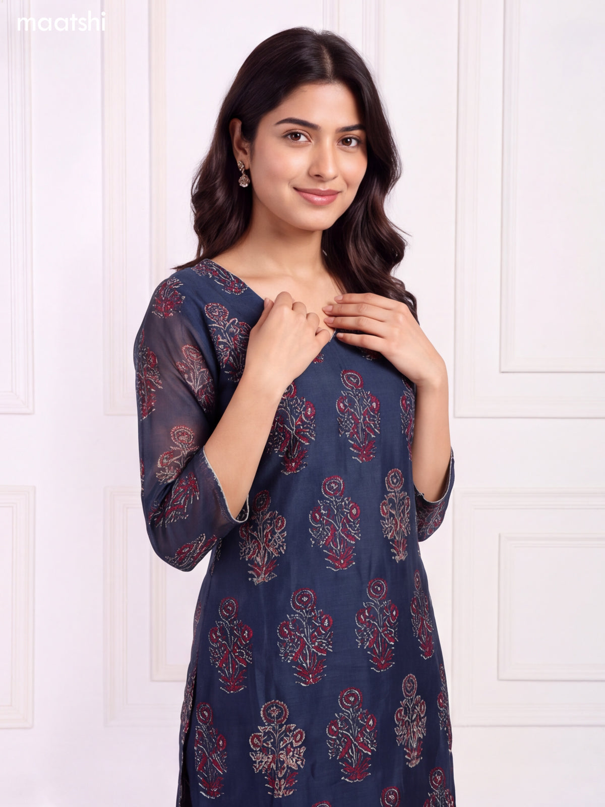 Navy Blue Chanderi Floral Printed & Embroidery Work Straight Suit