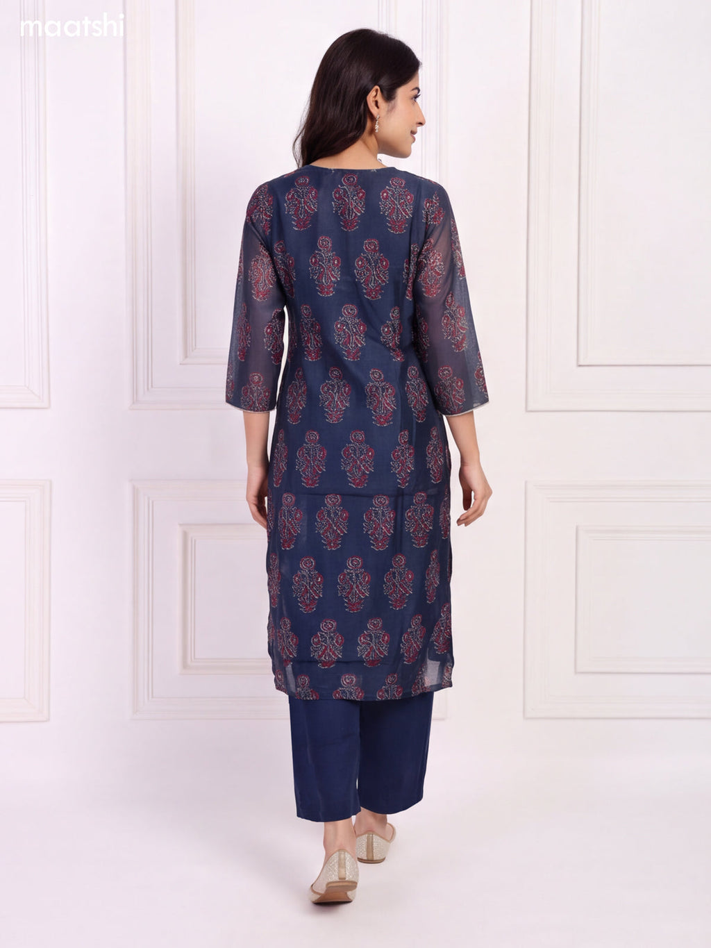 Navy Blue Chanderi Floral Printed & Embroidery Work Straight Suit