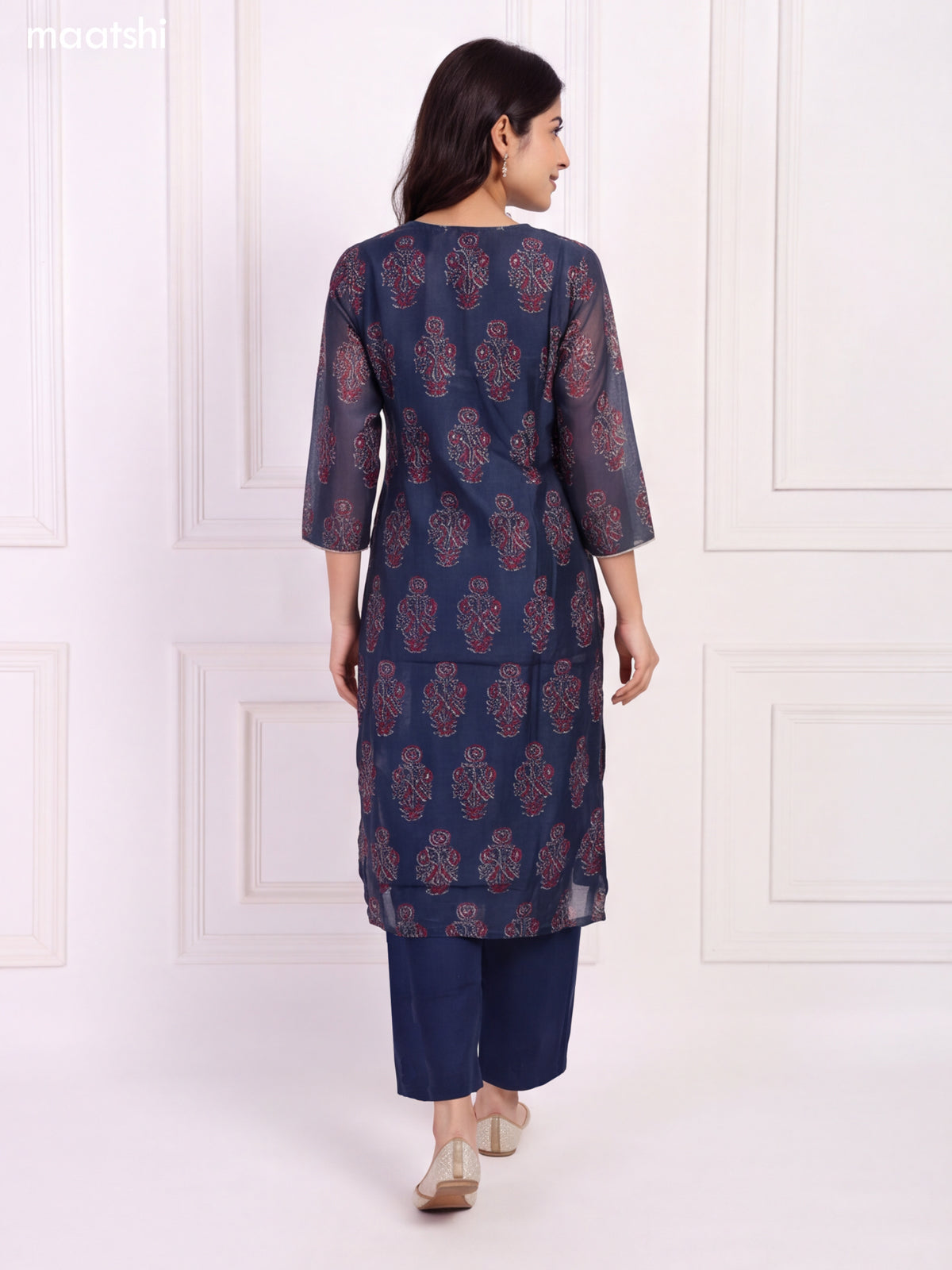 Navy Blue Chanderi Floral Printed & Embroidery Work Straight Suit