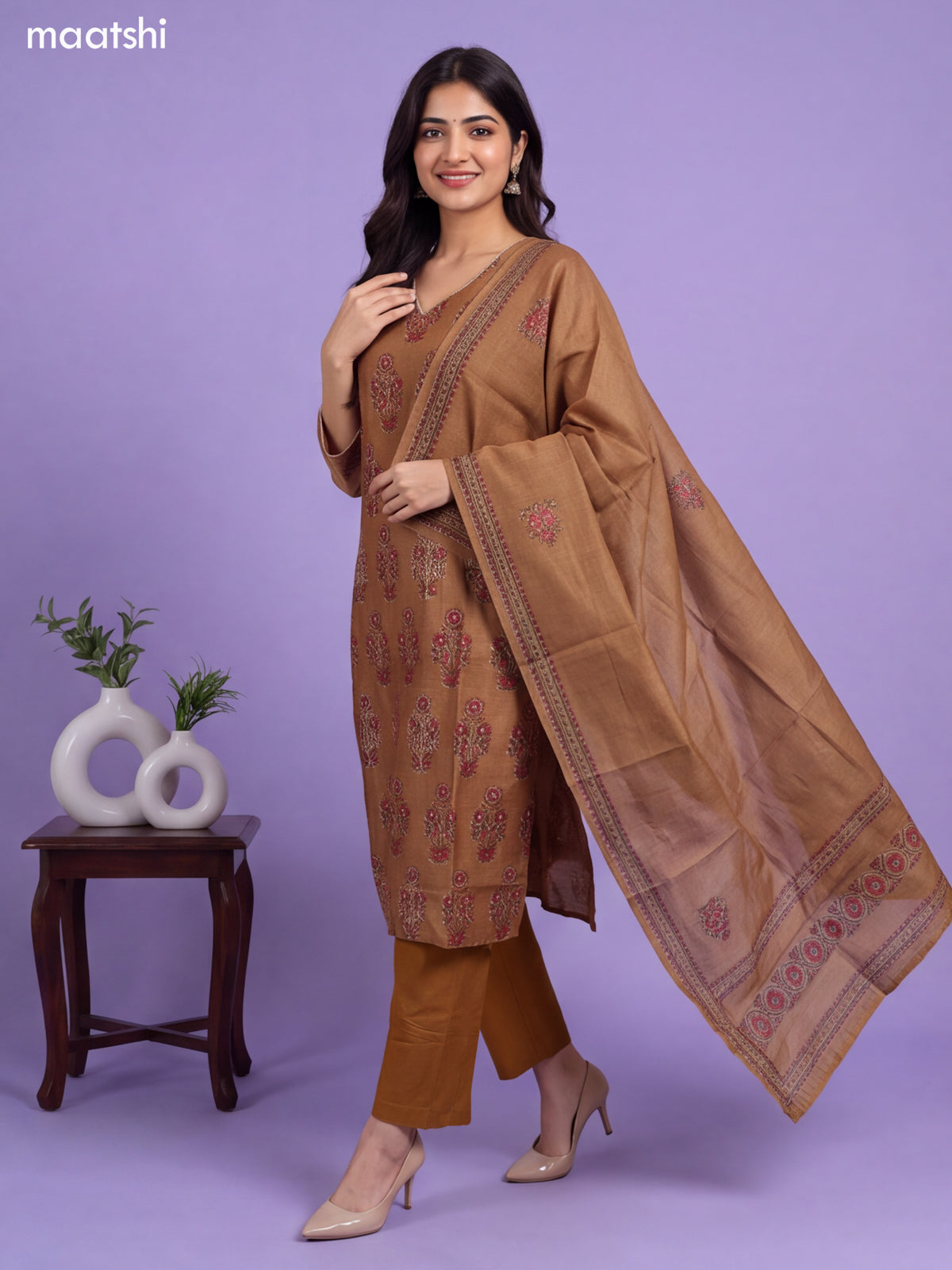 Mustard Yellow Chanderi Floral Printed & Embroidery Work Straight Suit