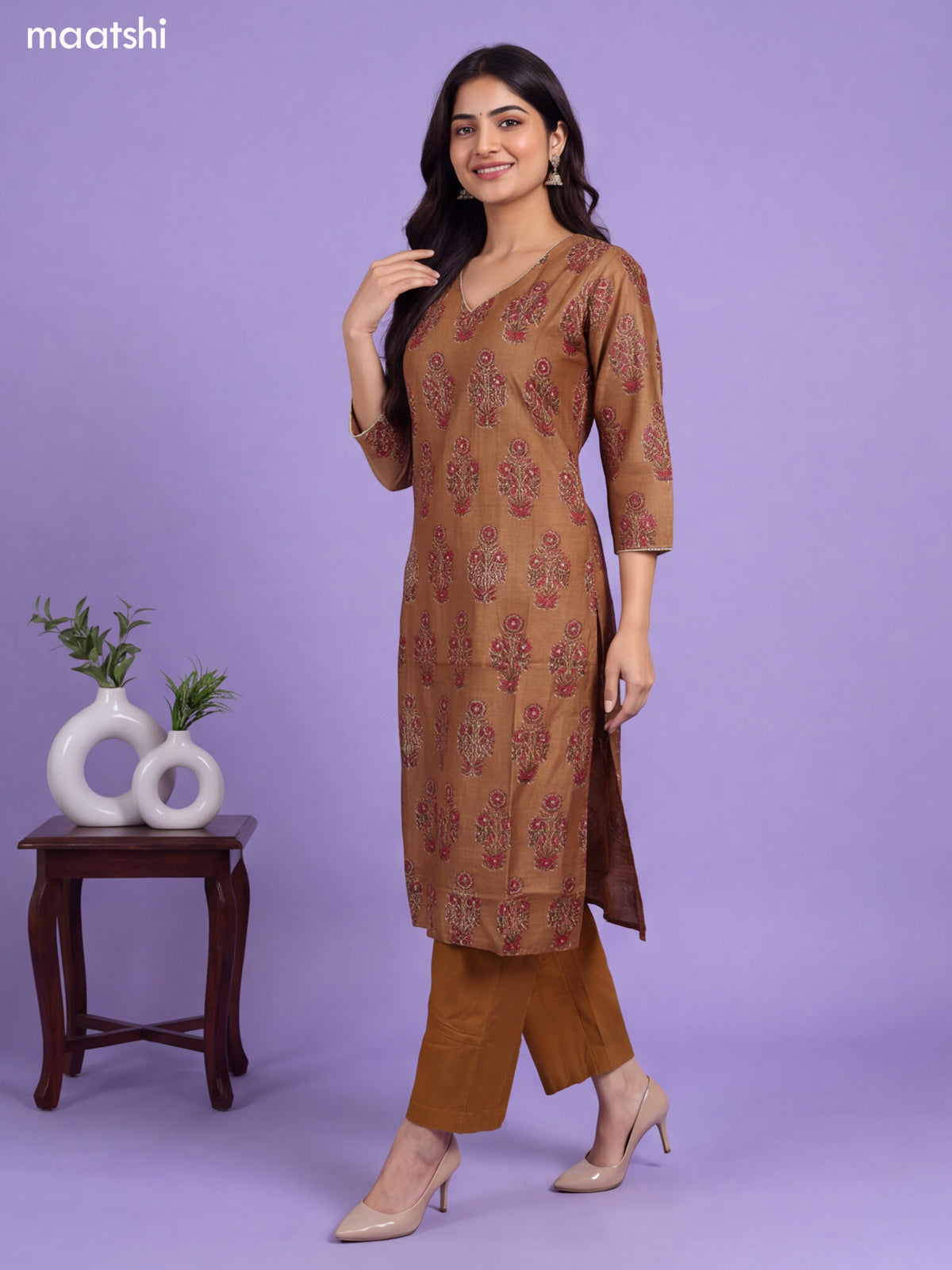 Mustard Yellow Chanderi Floral Printed & Embroidery Work Straight Suit