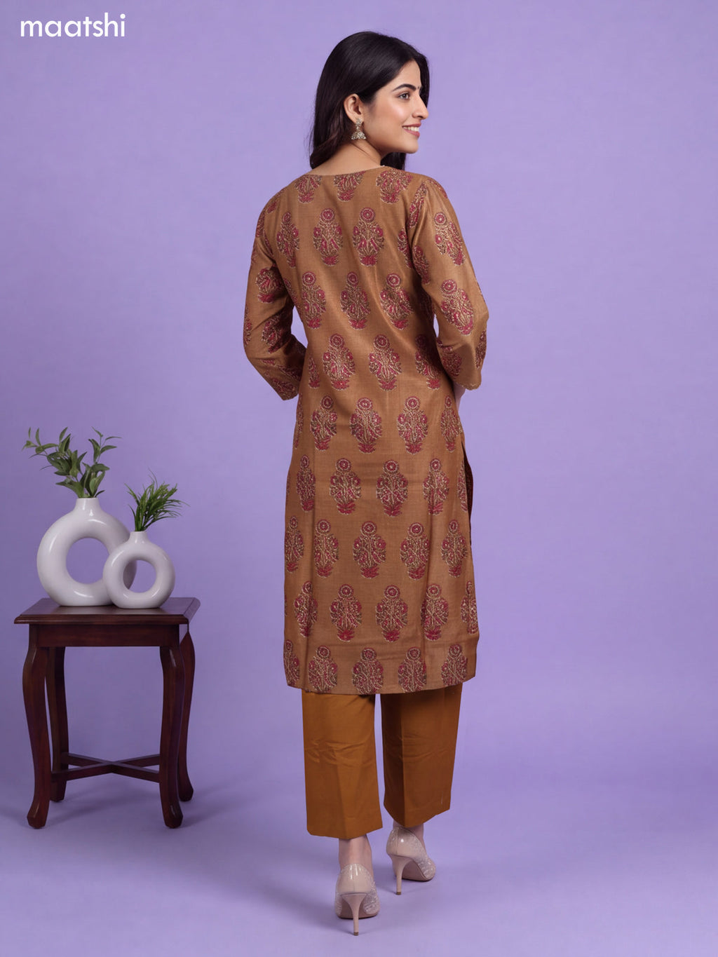 Mustard Yellow Chanderi Floral Printed & Embroidery Work Straight Suit