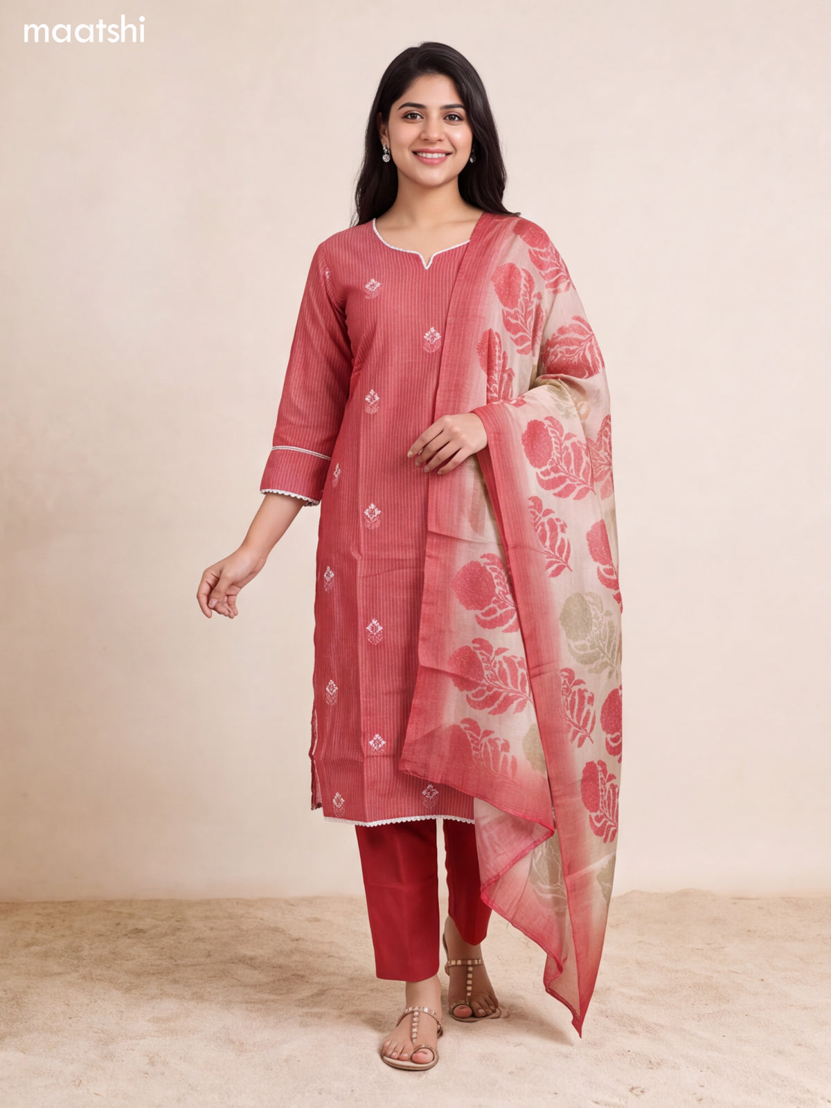 Peach Pink Chanderi Floral Embroidery Work Straight Suit