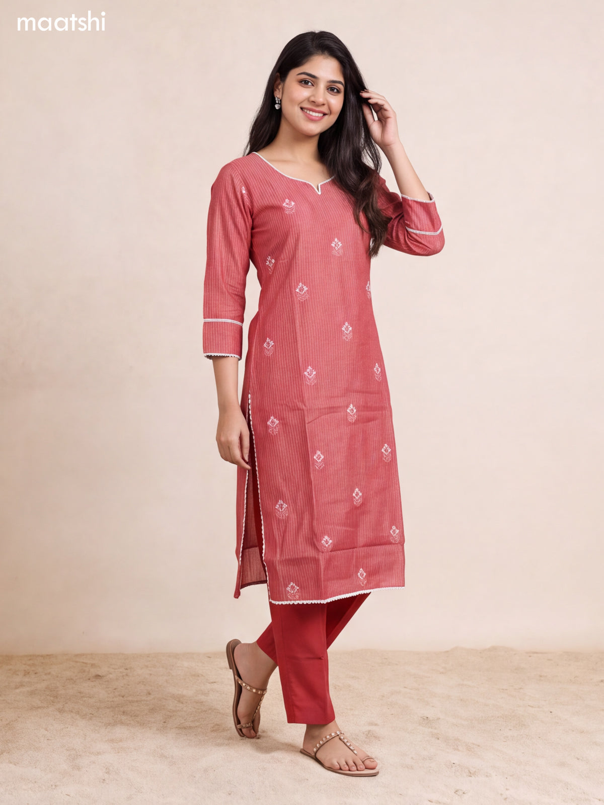 Peach Pink Chanderi Floral Embroidery Work Straight Suit
