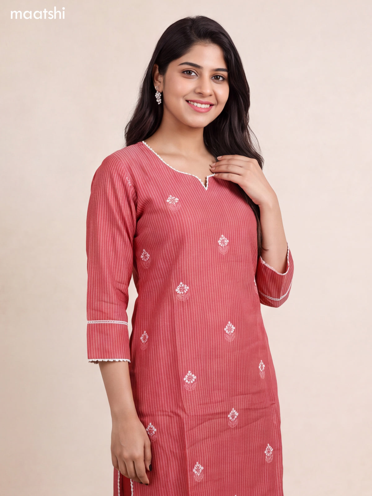 Peach Pink Chanderi Floral Embroidery Work Straight Suit