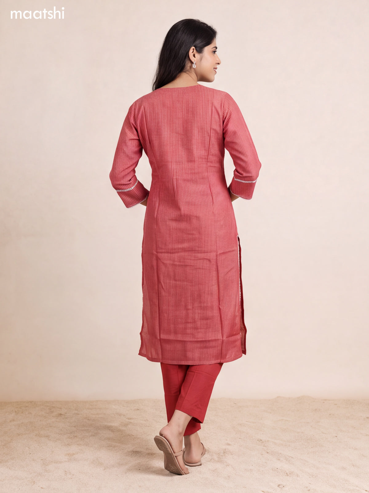 Peach Pink Chanderi Floral Embroidery Work Straight Suit