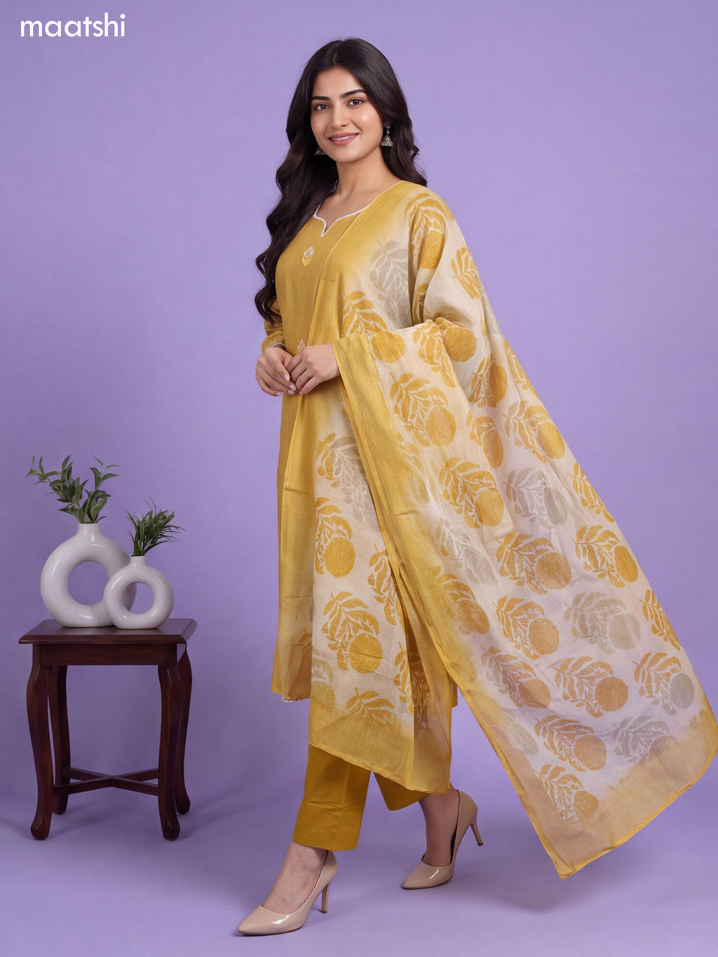 Mustard Yellow Chanderi Floral Embroidery Work Straight Suit