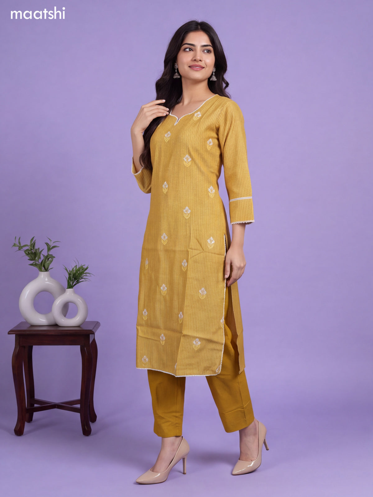 Mustard Yellow Chanderi Floral Embroidery Work Straight Suit