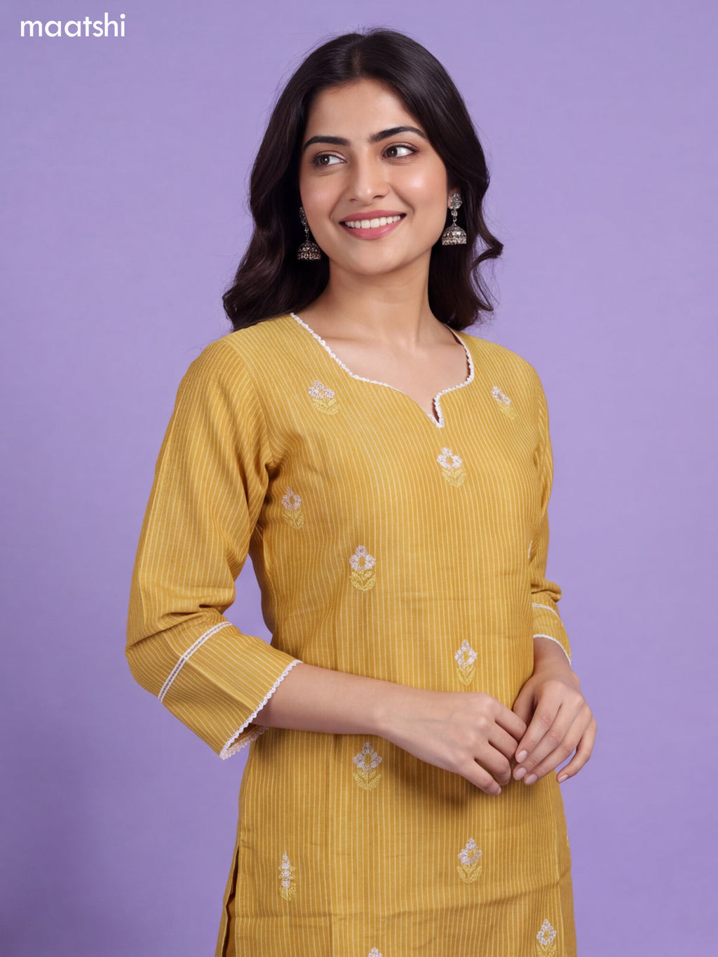 Mustard Yellow Chanderi Floral Embroidery Work Straight Suit
