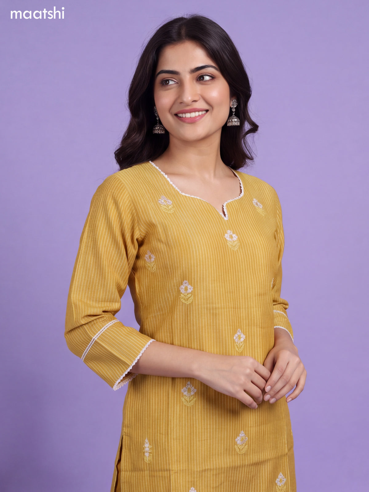 Mustard Yellow Chanderi Floral Embroidery Work Straight Suit