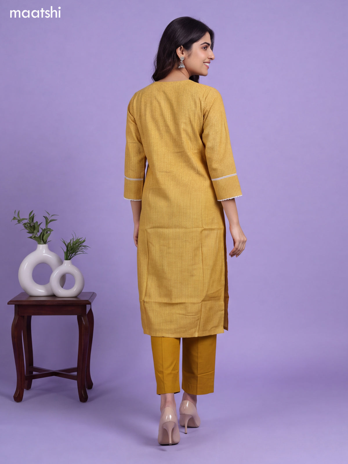Mustard Yellow Chanderi Floral Embroidery Work Straight Suit