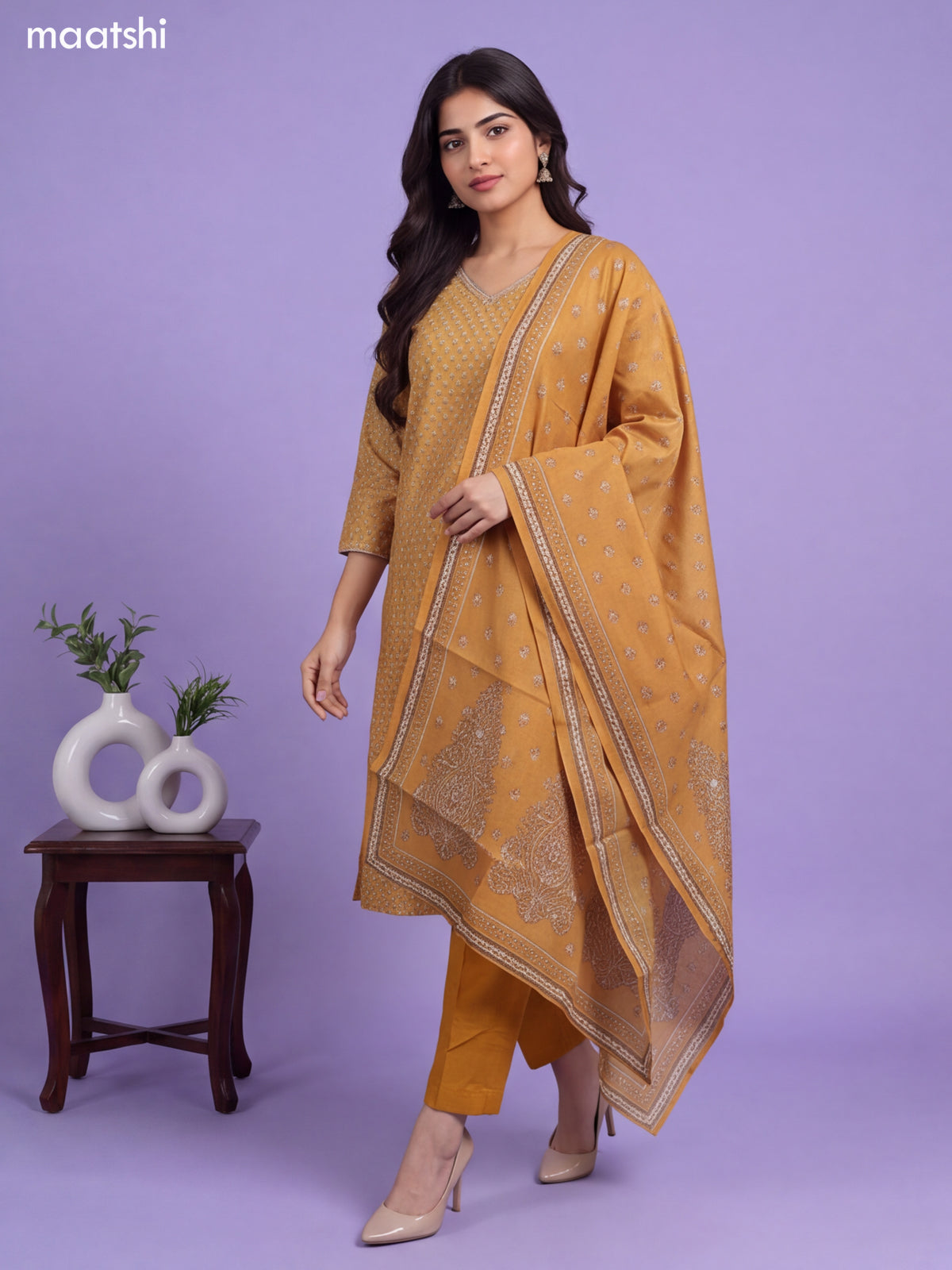 Mustard Yellow Chanderi Allover Floral Printed & Embroidery Work Straight Suit